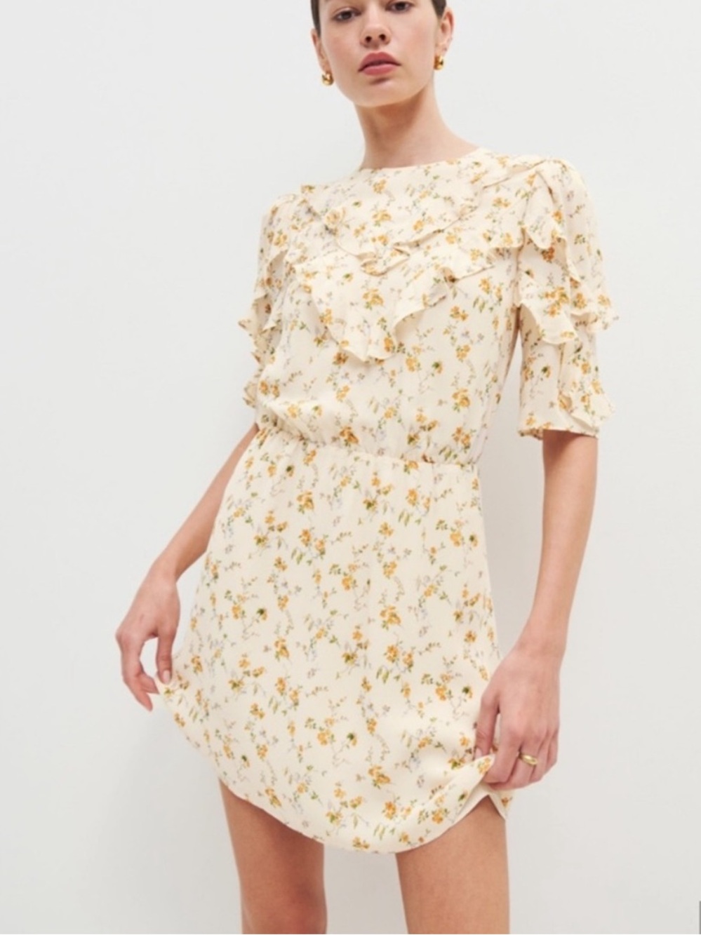 Reformation Creamorange Malachi Julius Print Floral Ruffle Feminine Mini Dress 0